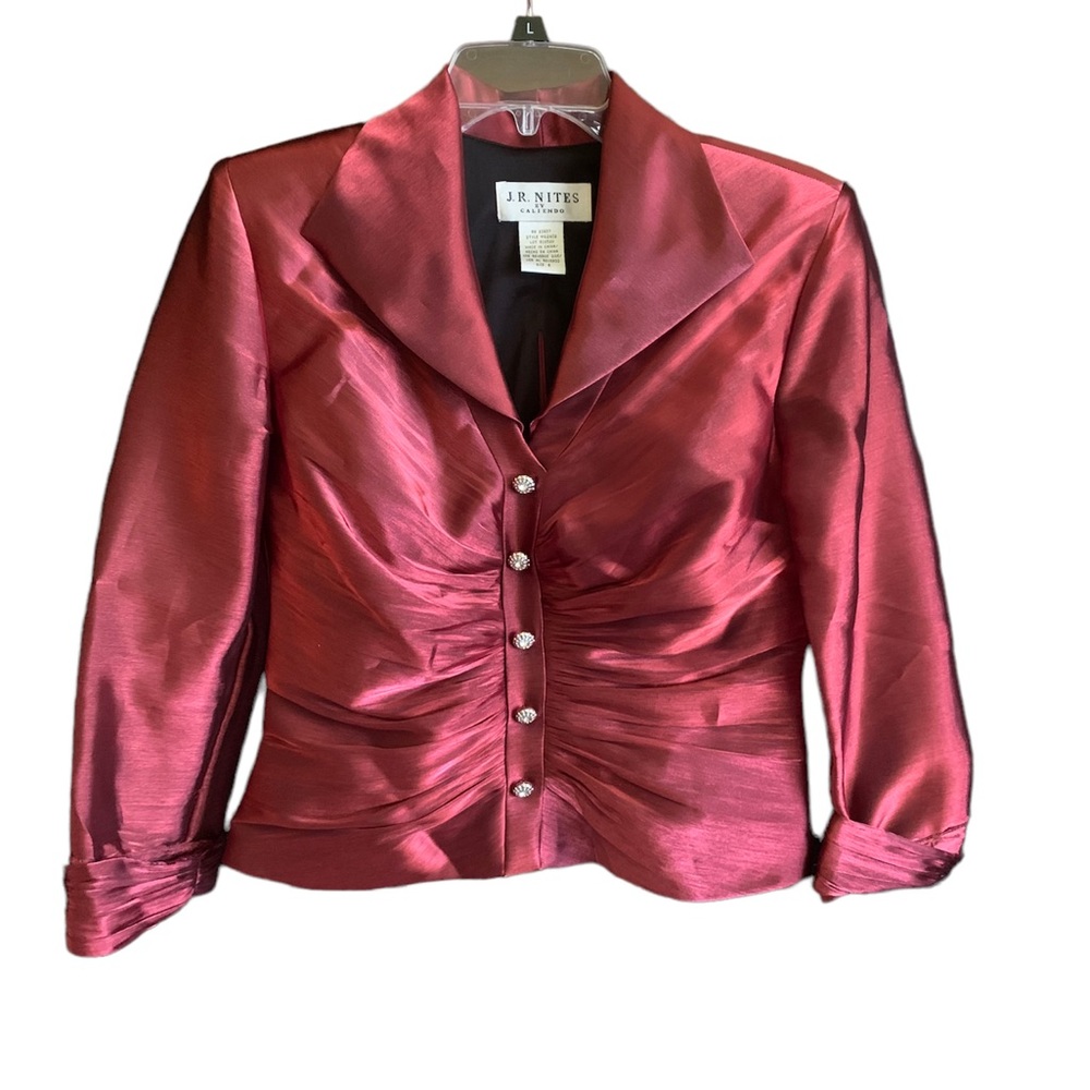 J R Nites Blouse by Caliendo Womans Sz 8 Red Rhinestone Buttons Hidden back Zip